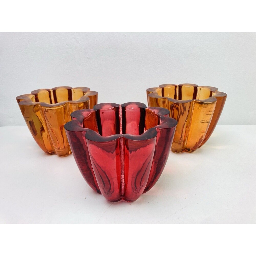 3 Ecoglass Recycled Art Glass Red Orange Candle Holder Spain MCM Retro Decor